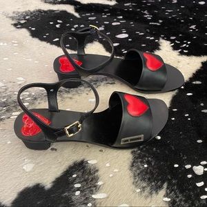 Love Moschino Black Leather Low Heel Sandals with Red Hearts and Ankle Straps